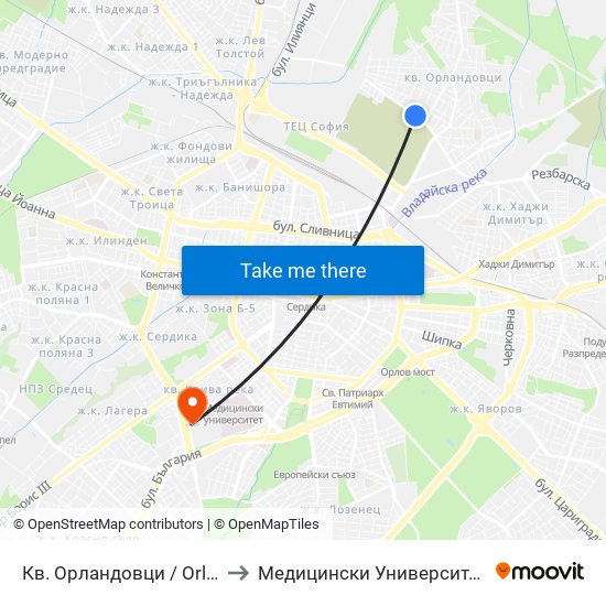 Кв. Орландовци / Orlandovtsi Qr. (0883) to Медицински Университет - София (Ректорат) map