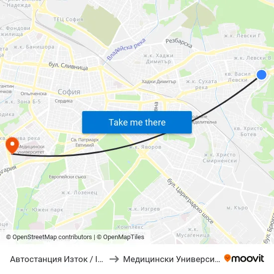 🚌 Автостанция Изток / Iztok Bus Station (2021) to Медицински Университет - София (Ректорат) map