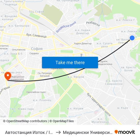 Автостанция Изток / Iztok Bus Station (2427) to Медицински Университет - София (Ректорат) map