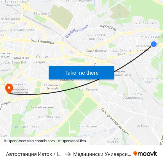 🚌 Автостанция Изток / Iztok Bus Station (2427) to Медицински Университет - София (Ректорат) map