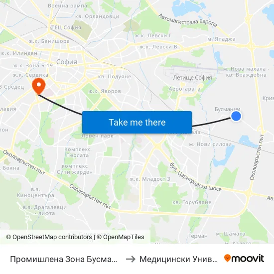 Промишлена Зона Бусманци / Industrial Zone Busmantsi (1641) to Медицински Университет - София (Ректорат) map