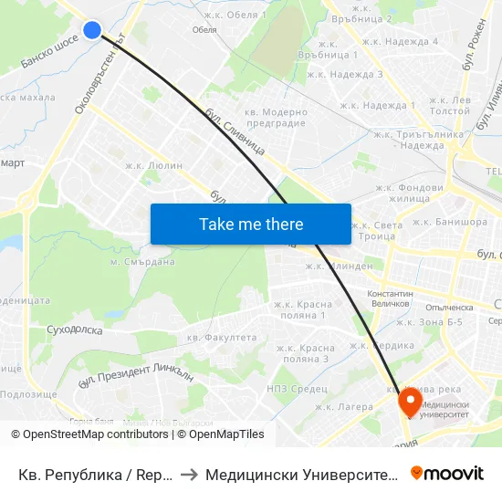 Кв. Република / Republika Qr. (0896) to Медицински Университет - София (Ректорат) map