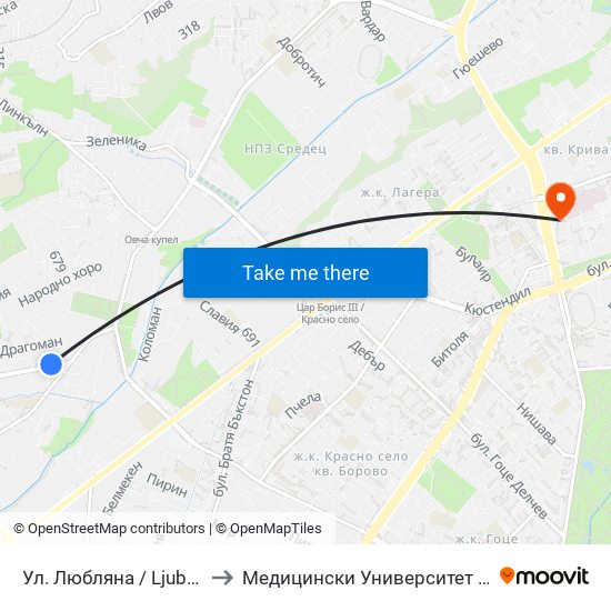 Ул. Любляна / Ljubljana St. (2606) to Медицински Университет - София (Ректорат) map