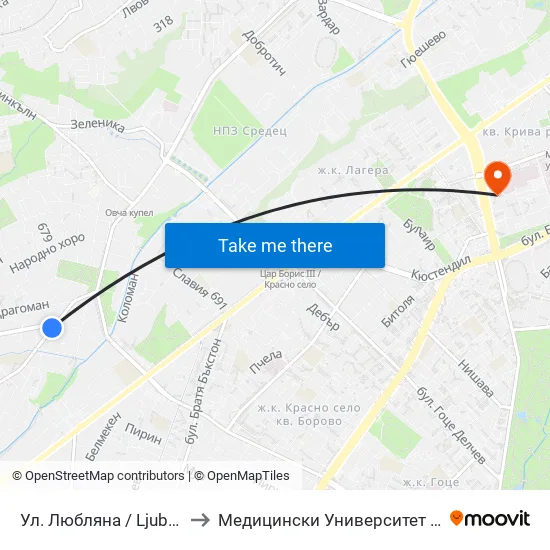 Ул. Любляна / Ljubljana St. (0900) to Медицински Университет - София (Ректорат) map