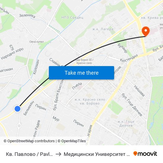 Кв. Павлово / Pavlovo Qr. (0888) to Медицински Университет - София (Ректорат) map