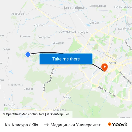Кв. Клисура / Klisura Qr. (0850) to Медицински Университет - София (Ректорат) map