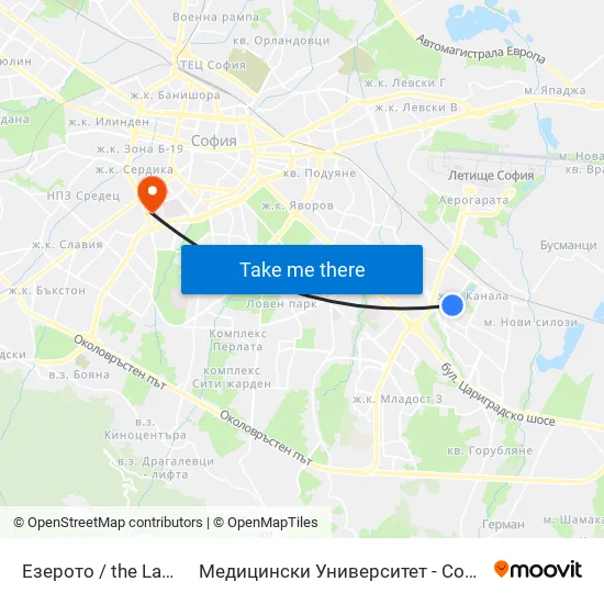 Езерото / the Lake (0558) to Медицински Университет - София (Ректорат) map