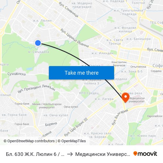 Бл. 630 Ж.К. Люлин 6 / Bl. 630, Lyulin 6 Qr. (0243) to Медицински Университет - София (Ректорат) map