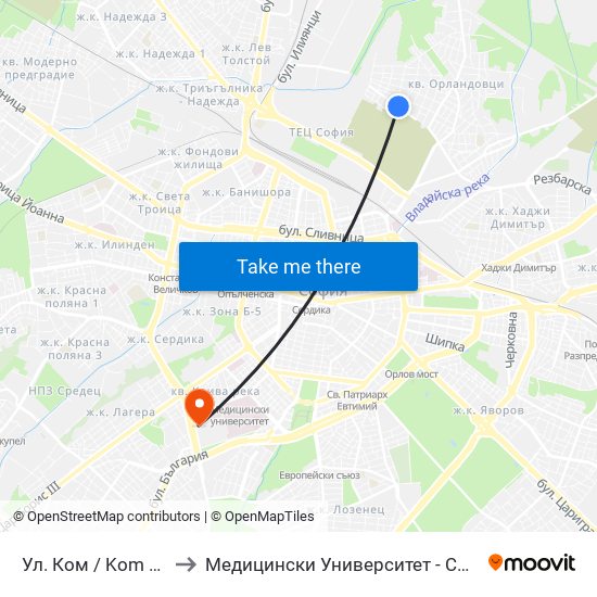 Ул. Ком / Kom St. (2599) to Медицински Университет - София (Ректорат) map
