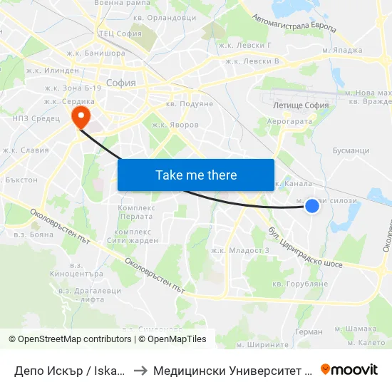 Депо Искър / Iskar Depot (0519) to Медицински Университет - София (Ректорат) map