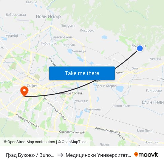 Град Бухово / Buhovo Town (0504) to Медицински Университет - София (Ректорат) map
