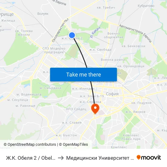 Ж.К. Обеля 2 / Obelya 2 Qr. (0679) to Медицински Университет - София (Ректорат) map