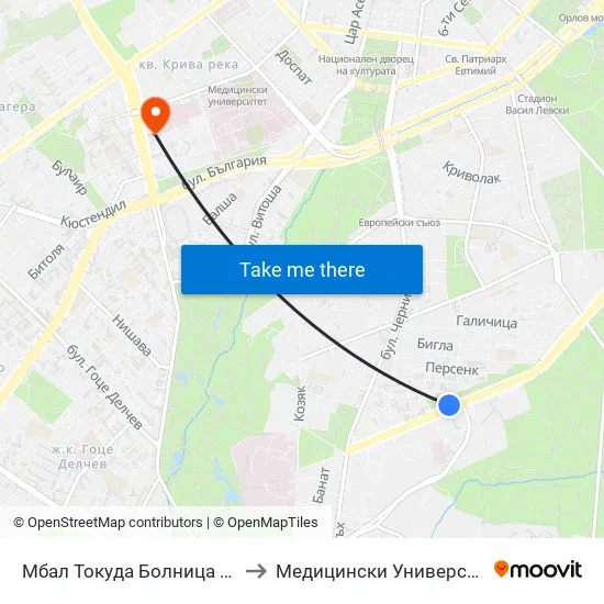 Мбал Токуда Болница / Tokuda Hospital (0205) to Медицински Университет - София (Ректорат) map