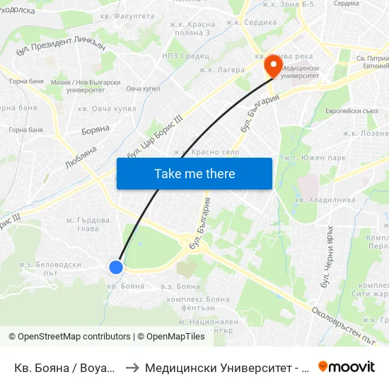 Кв. Бояна / Boyana Qr. (0807) to Медицински Университет - София (Ректорат) map