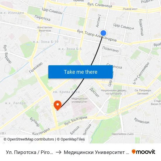 Ул. Пиротска / Pirotska St. (2113) to Медицински Университет - София (Ректорат) map