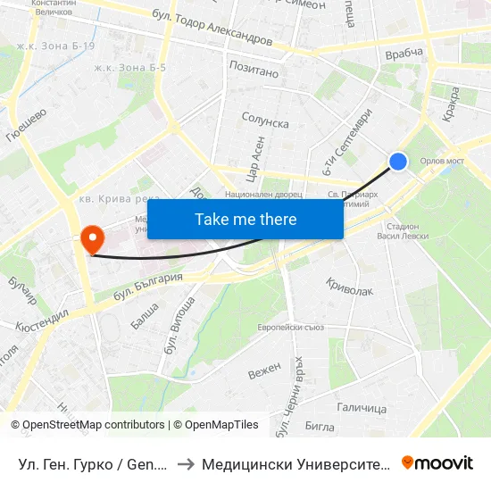 Ул. Ген. Гурко / Gen. Gurko St. (2601) to Медицински Университет - София (Ректорат) map