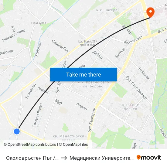 Околовръстен Път / Ring Road (1179) to Медицински Университет - София (Ректорат) map