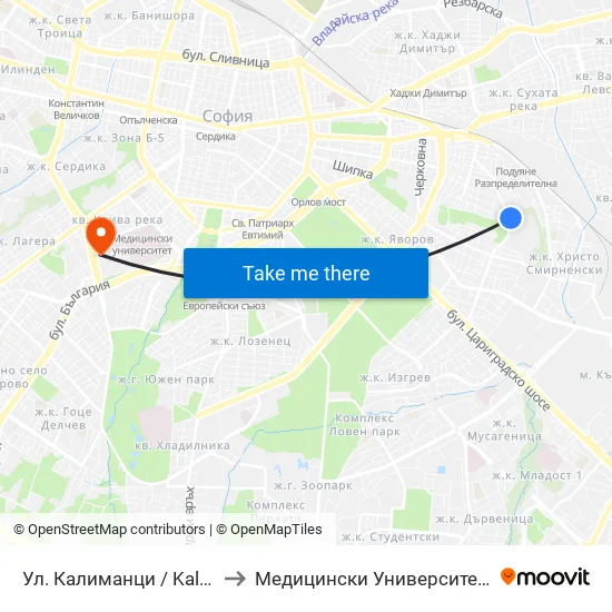 Ул. Калиманци / Kalimantsi St. (1974) to Медицински Университет - София (Ректорат) map