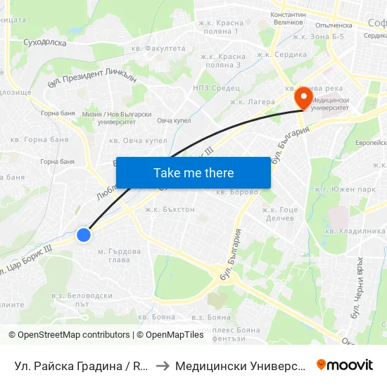 Ул. Райска Градина / Rayska Gradina St. (2260) to Медицински Университет - София (Ректорат) map