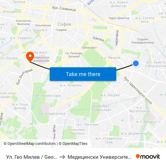 Ул. Гео Милев / Geo Milev St. (1904) to Медицински Университет - София (Ректорат) map