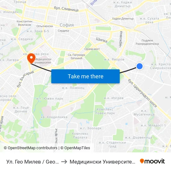 Ул. Гео Милев / Geo Milev St. (1905) to Медицински Университет - София (Ректорат) map