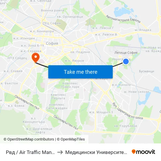 Рвд / Air Traffic Management (2453) to Медицински Университет - София (Ректорат) map