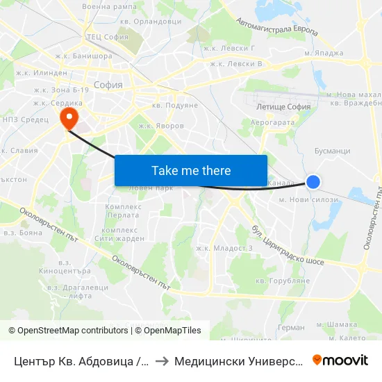 Център Кв. Абдовица / Abdovitsa Centre (2339) to Медицински Университет - София (Ректорат) map