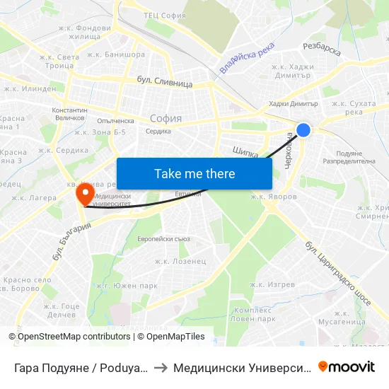 Гара Подуяне / Poduyane Train Station (0472) to Медицински Университет - София (Ректорат) map
