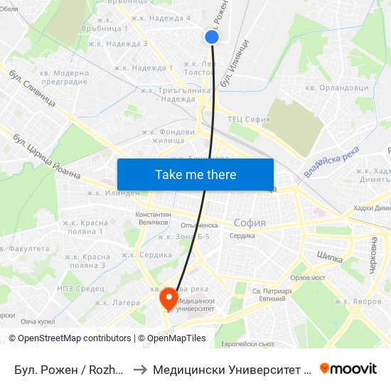 Бул. Рожен / Rozhen Blvd. (2575) to Медицински Университет - София (Ректорат) map
