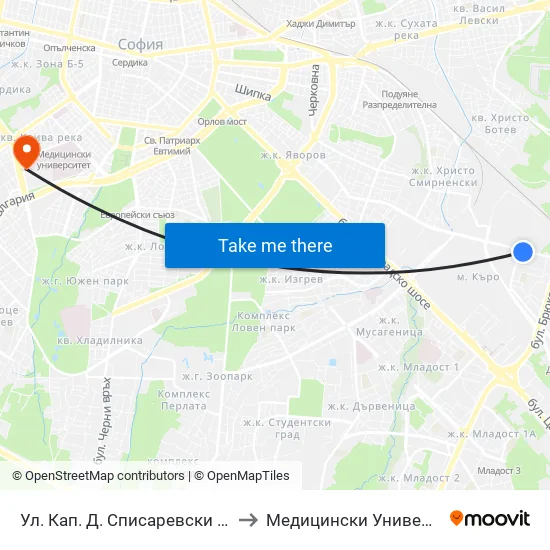 Ул. Кап. Д. Списаревски / Capt. S. Spisarevski St. (1979) to Медицински Университет - София (Ректорат) map