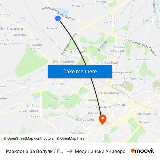 Разклона За Волуяк / Fork Road To Voluyak (1215) to Медицински Университет - София (Ректорат) map