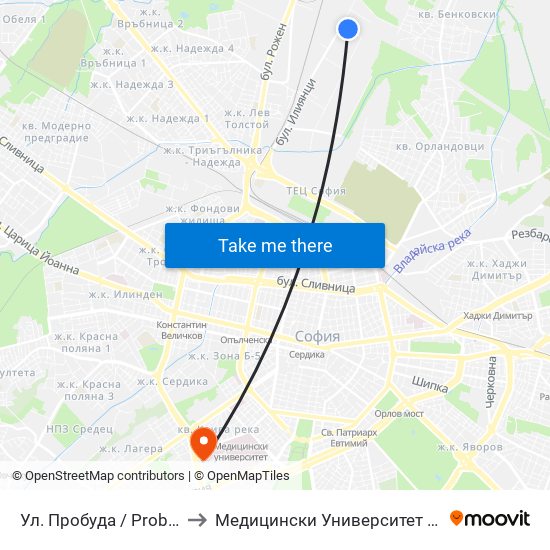 Ул. Пробуда / Probuda St. (2139) to Медицински Университет - София (Ректорат) map