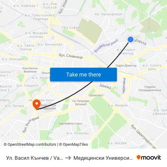 Ул. Васил Кънчев / Vasil Kanchev St. (1860) to Медицински Университет - София (Ректорат) map