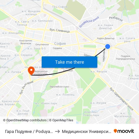 Гара Подуяне / Poduyane Train Station (0467) to Медицински Университет - София (Ректорат) map