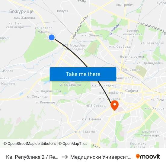 Кв. Република 2 / Republika 2 Qr (2527) to Медицински Университет - София (Ректорат) map
