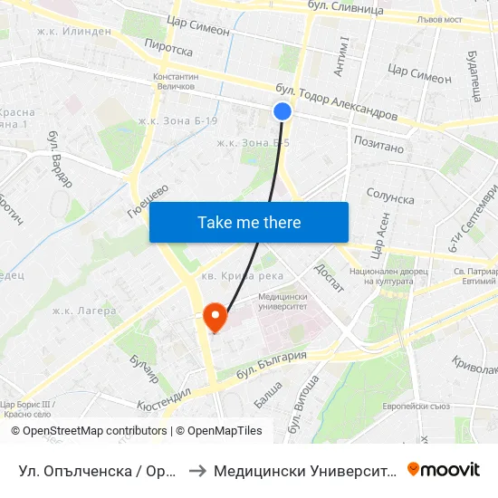 Ул. Опълченска / Opalchenska St. (2084) to Медицински Университет - София (Ректорат) map