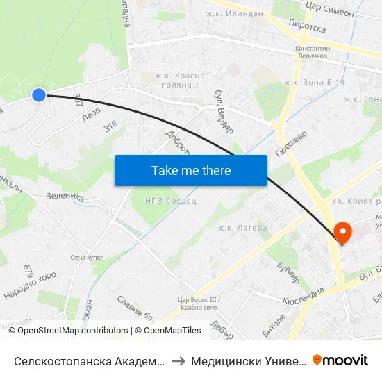 Селскостопанска Академия / Academy Of Agriculture (2290) to Медицински Университет - София (Ректорат) map