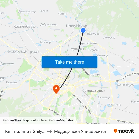 Кв. Гниляне / Gnilyane Qr. (0828) to Медицински Университет - София (Ректорат) map