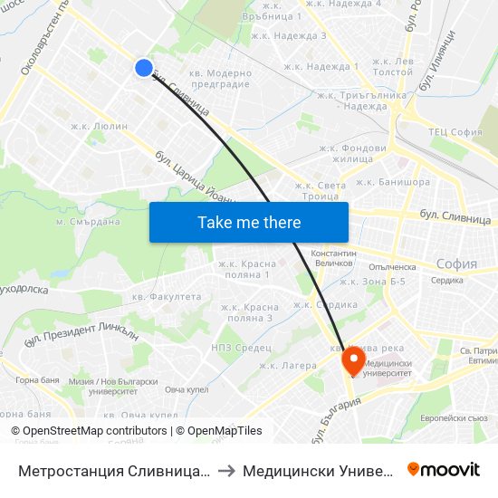 Метростанция Сливница / Slivnitsa Metro Station (1060) to Медицински Университет - София (Ректорат) map