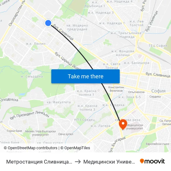 Ⓜ️ Метростанция Сливница / Slivnitsa Metro Station (1061) to Медицински Университет - София (Ректорат) map