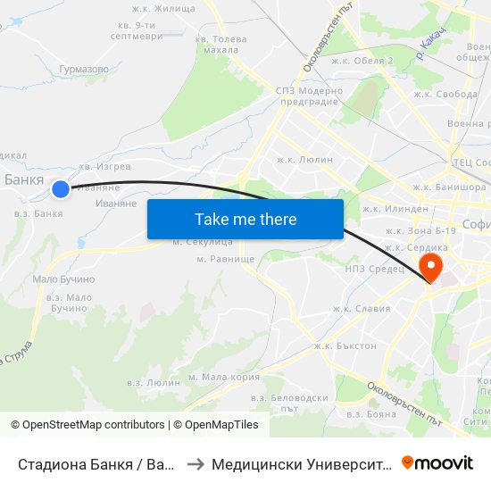 Стадиона Банкя / Bankya Stadium (1620) to Медицински Университет - София (Ректорат) map
