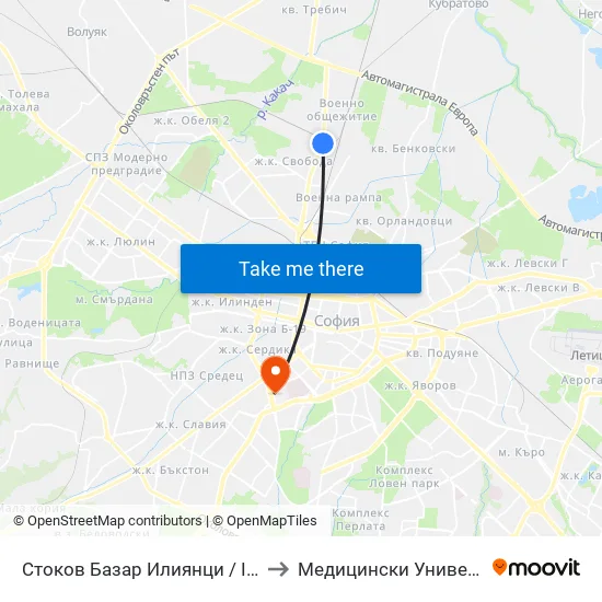 Стоков Базар Илиянци / Iliyantsi Commodity Market (2456) to Медицински Университет - София (Ректорат) map