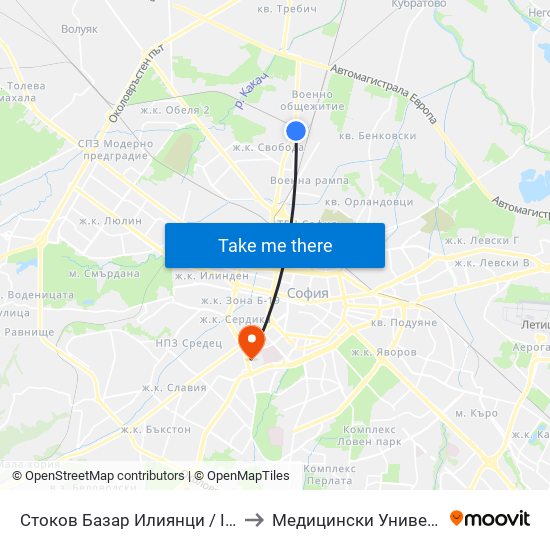 Стоков Базар Илиянци / Iliyantsi Commodity Market (0755) to Медицински Университет - София (Ректорат) map