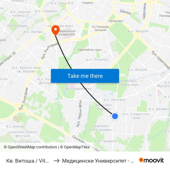 Кв. Витоша / Vitosha (0822) to Медицински Университет - София (Ректорат) map