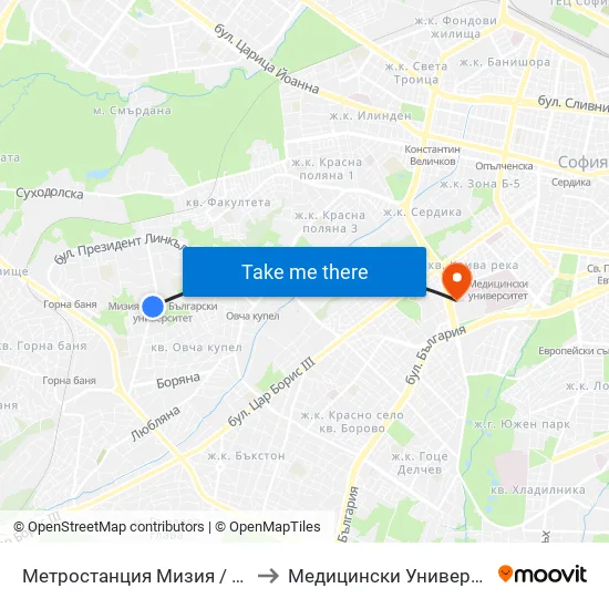 Ⓜ️ Метростанция Мизия / Moesia Metro Station (0812) to Медицински Университет - София (Ректорат) map