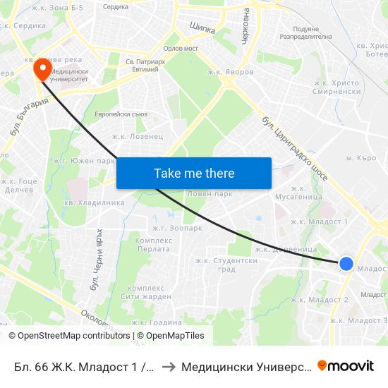 Бл. 66 Ж.К. Младост 1 / Bl. 66, Mladost 1 Qr (0245) to Медицински Университет - София (Ректорат) map