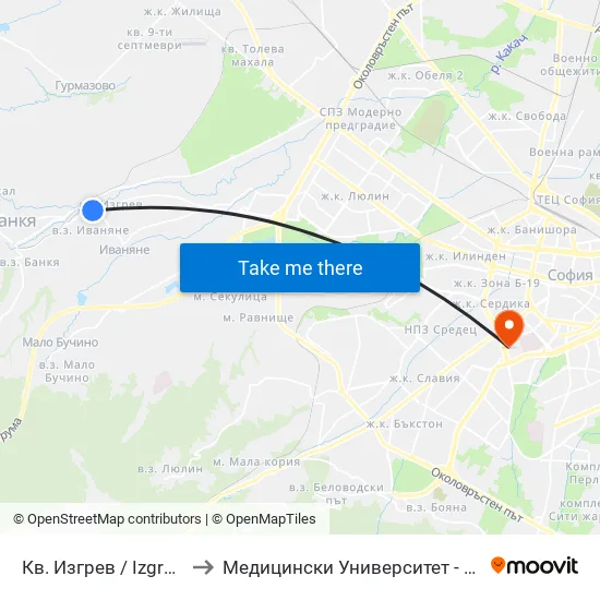 Кв. Изгрев / Izgrev Qr. (0843) to Медицински Университет - София (Ректорат) map