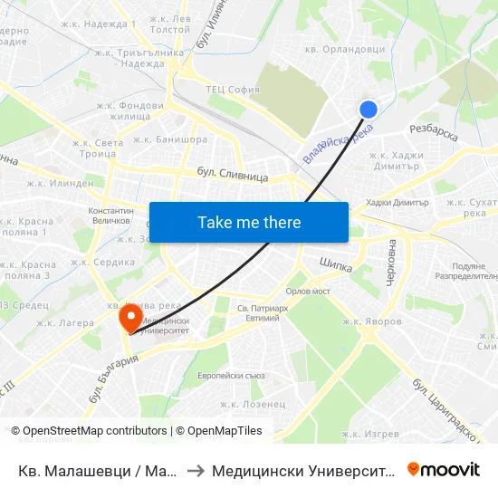 Кв. Малашевци / Malashevtsi Qr. (0862) to Медицински Университет - София (Ректорат) map