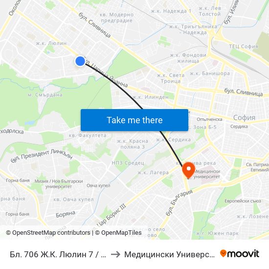 Бл. 706 Ж.К. Люлин 7 / Bl. 706, Lyulin 7 Qr. (0251) to Медицински Университет - София (Ректорат) map