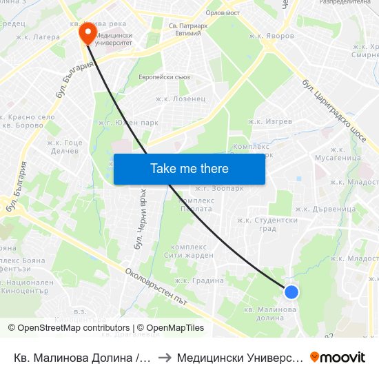 Кв. Малинова Долина / Malinova Dolina Qr. (0423) to Медицински Университет - София (Ректорат) map